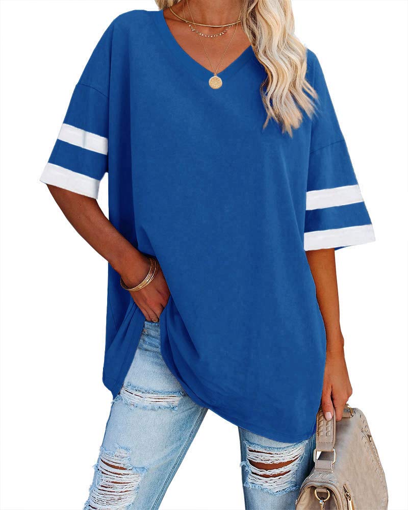 Ebifin Women's Oversized T Shirts Color Block Tees Half Sleeve V Neck Comfy Cozy Cotton Tunic Tops