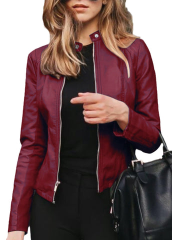 HanzhuoLG Women's Street Trendy Leather Jacket Autumn Winter Full Zipper Stand Collar Slim Faux Leather Jacket Coat wine red L