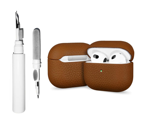 Genuine Leather Case Compatible with AirPods 4 / with Active Noise Cancellation, Authentic Pebble Leather, Retro Luxurious Shockproof Wireless Charging Cover with Cleaning Kit