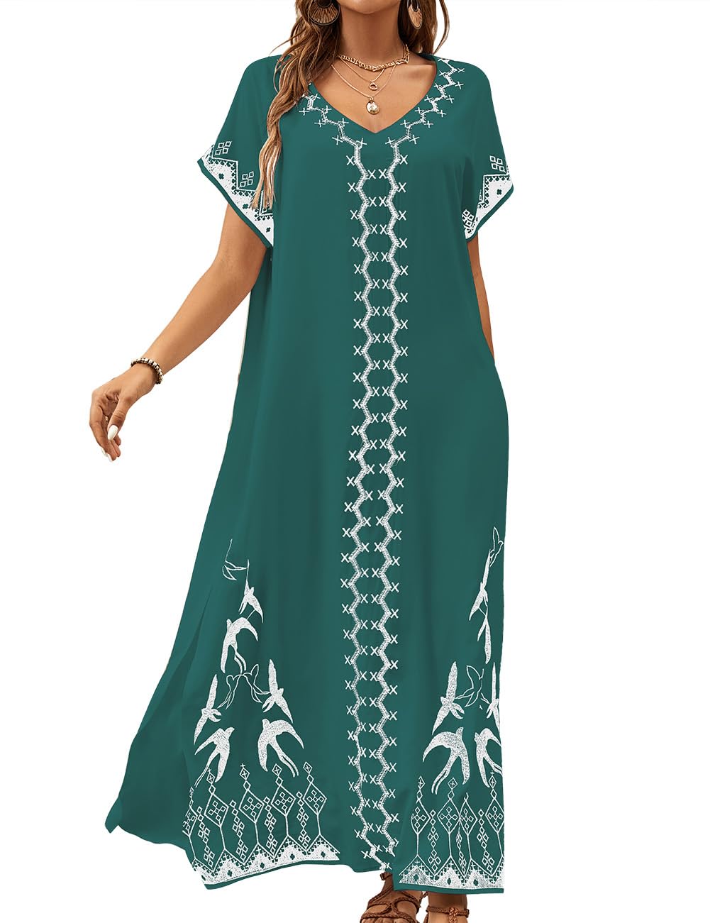 Bsubseach Kaftan Dresses for Women Swimsuit Coverup Beach Caftans Cover Ups for Swimwear Loungewear Bird Embroidery Dark Green