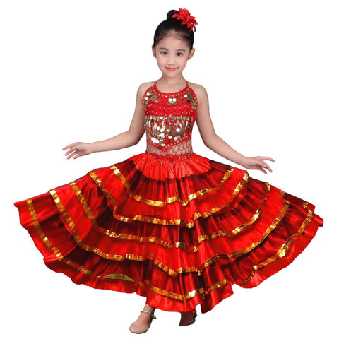 Girls Spanish Flamenco Skirt Gypsy Belly Dancer Performance Costume Set 4-11 Years