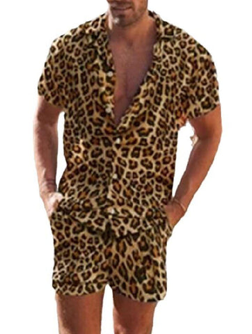 Chahuer Men's Fashion Leopard Print Two Piece Set Summer New Leopard Print Short Sleeve Shirt & Shorts 2pcs Set Color1 S