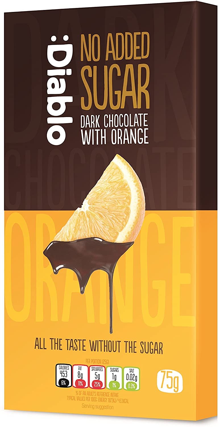 Diablo Dark Chocolate Bar with Orange | No Added Sugar, Gluten Free | Diabetic Friendly | Perfect for Gifting | 75g ((Pack Of 1))