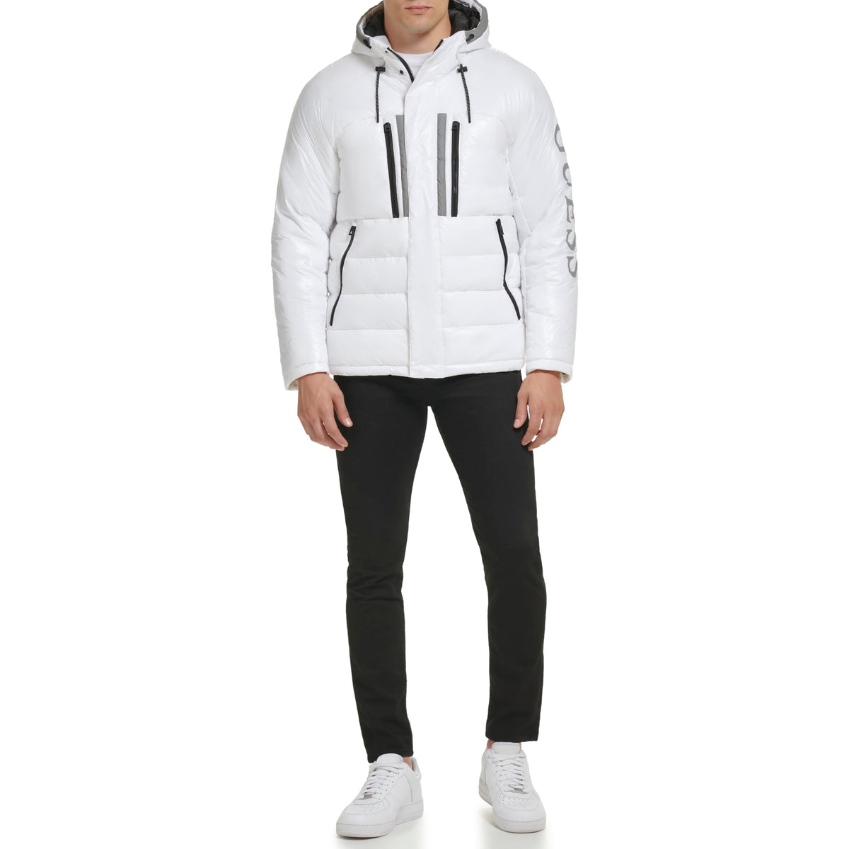 GUESS Men's Mid-Weight Puffer Jacket with Logo Sleeve, White