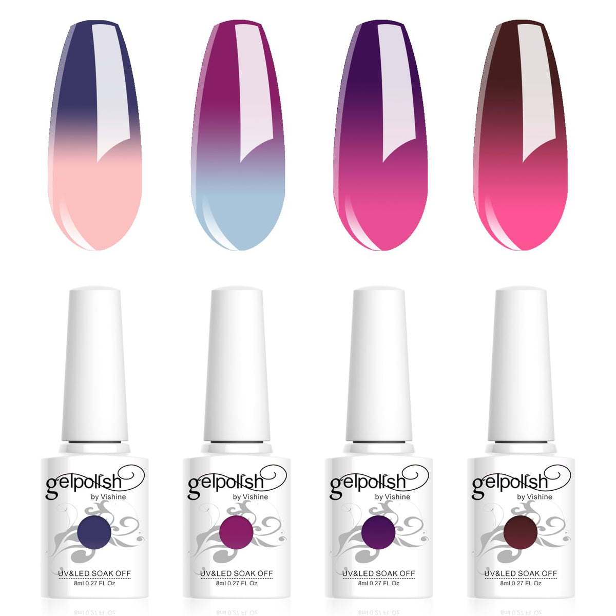 Vishine Gel Nail Polish Set - 4 Color Changing Gel Nail Polish Set Red Purple Color Changing Gel Polish Soak Off UV LED Thermal Temperature Art C039