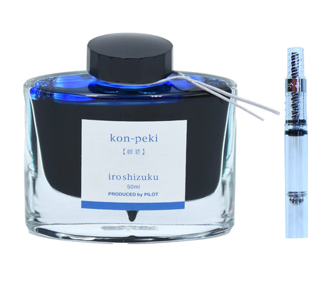 Pilot Iroshizuku Bottled Fountain Pen Ink Kon-Peki 50ml and Ink Converter Screw Type Set CON-40 with Kanji Love Sticker