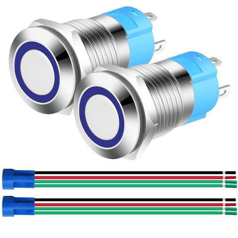 Gebildet 2pcs 0.47 Inch/12mm Stainless Steel Momentary Push Button 12V-24V 3A LED Normally Open SPST ON Off Waterproof with Wire Socket Plug (Blue LED)