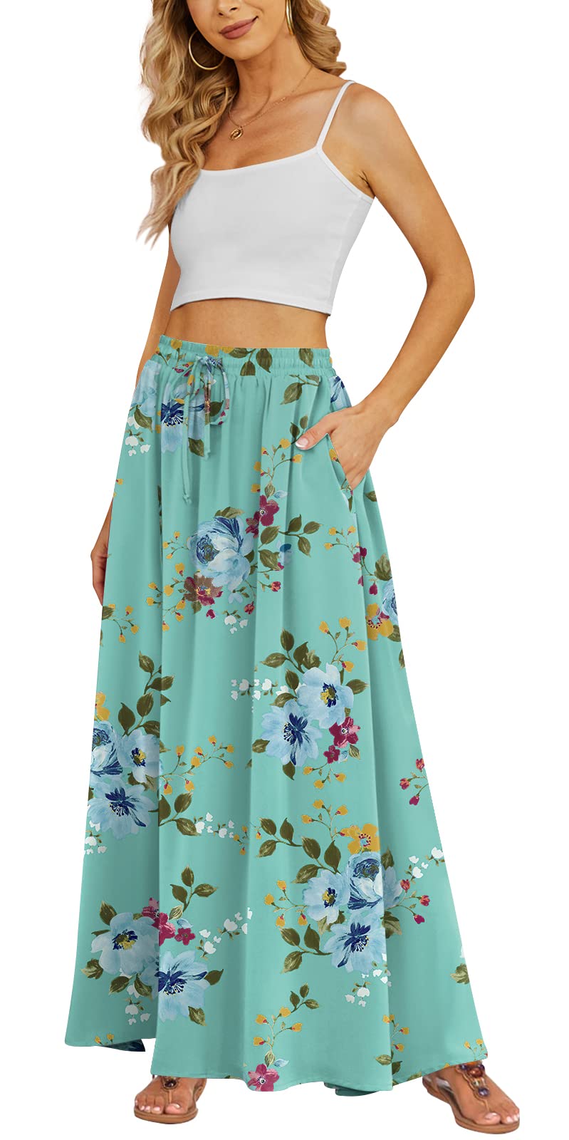 Yincro Women's Flowy Maxi Skirt Summer Pleated High Waisted Casual Long Skirts with Pockets (Mint Green, M)