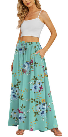 Yincro Women's Flowy Maxi Skirt Summer Pleated High Waisted Casual Long Skirts with Pockets (Mint Green, M)