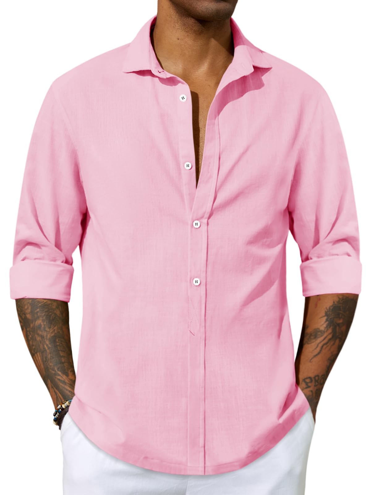 Mens Long Sleeve Shirt Cotton Tees Loose Fit Button Down Blouse Summer Beach Linen Casual Hippie Tops