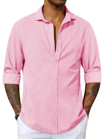 Mens Long Sleeve Shirt Cotton Tees Loose Fit Button Down Blouse Summer Beach Linen Casual Hippie Tops