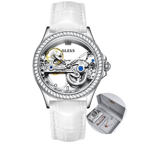 OLEVS Women Watch Skeleton Set Automatic Mechanical Silver Luxury Dress Waterproof Luminous Lady Watch Valentine's Day Gift
