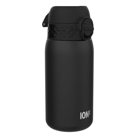 Ion8 Kids Water Bottle, Steel 400 ml/13 oz, Leak Proof, Easy to Open, Secure Lock, Dishwasher Safe, Hygienic Flip Cover, Carry Handle, Easy Clean, Durable, Scratch Resistant, Carbon Neutral, Black