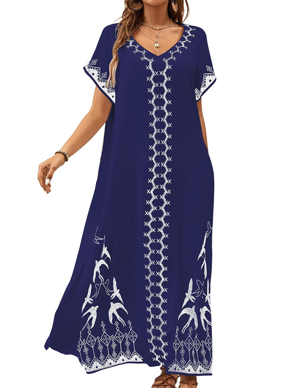 Bsubseach Kaftan Dresses for Women Swimsuit Coverup Beach Caftans Cover Ups for Swimwear Loungewear Bird Embroidery Navy Blue