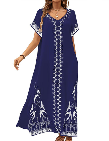 Bsubseach Kaftan Dresses for Women Swimsuit Coverup Beach Caftans Cover Ups for Swimwear Loungewear Bird Embroidery Navy Blue
