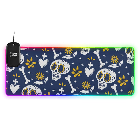 Dead Day Sugar Skull Halloween Wireless Charging Mouse Pad for Mobile Phone Extra Large Gaming Mousepad with 13 Lighting Modes Extended Desk Mat for MacBook PC Laptop Desk Office Home Gaming