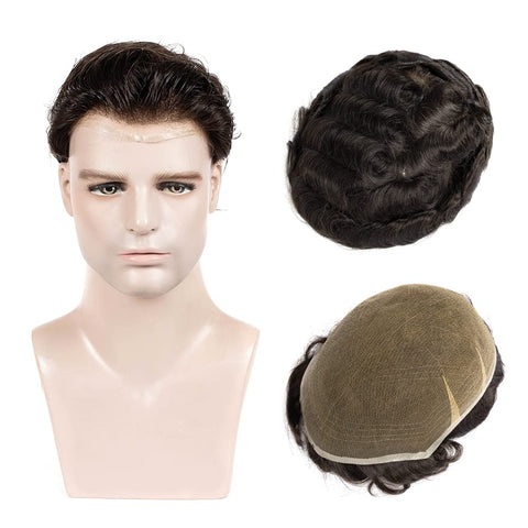 Amiable Toupee for Men European Human Hair Mens Full Lace Hairpiece Hair Replacement System for Men with Soft Full Bleached Knot mens toupee off black? 7 * 9 Inches1B?