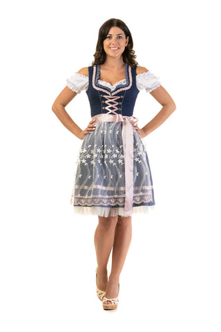Dirndl Steffi 3:TLG Women's Costume Dress Blouse and Apron Set - Blue - 18