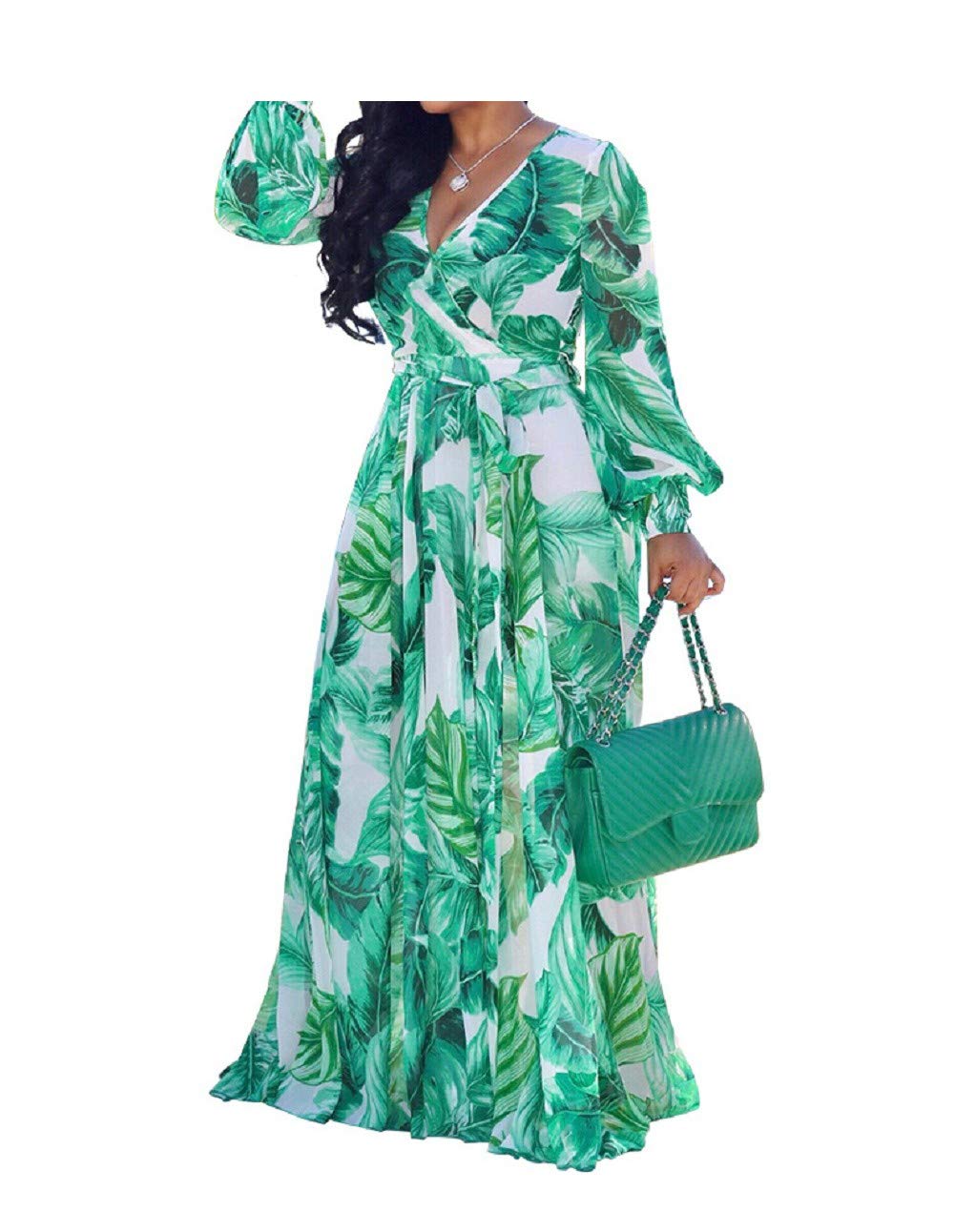Womens Chiffon Deep V Neck Printed Stylish Maxi Dress Wedding Dresses Waisted Belt Plus Size White