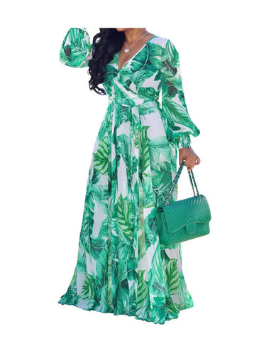 Womens Chiffon Deep V Neck Printed Stylish Maxi Dress Wedding Dresses Waisted Belt Plus Size White