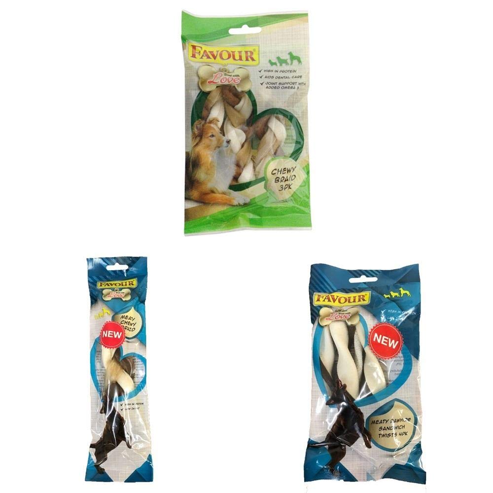 Favour Dog Treats - Chewy Braid/Meaty Chewy Braid/Meaty Sandwich Twists (Variety Pack (Each Treat), 15 Packs)