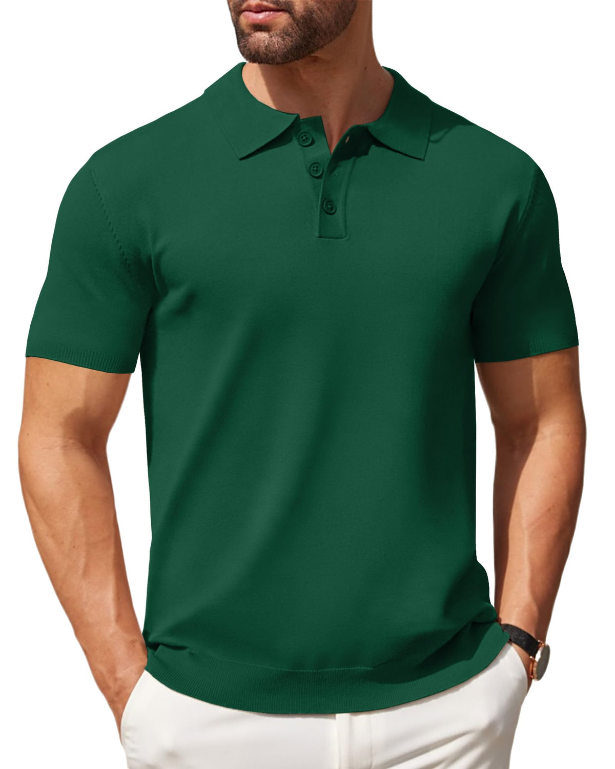 COOFANDY Mens Polo Shirts Pullover Short Sleeve Knit Lightweight Shirt Casual Golf Shirts Dark Green