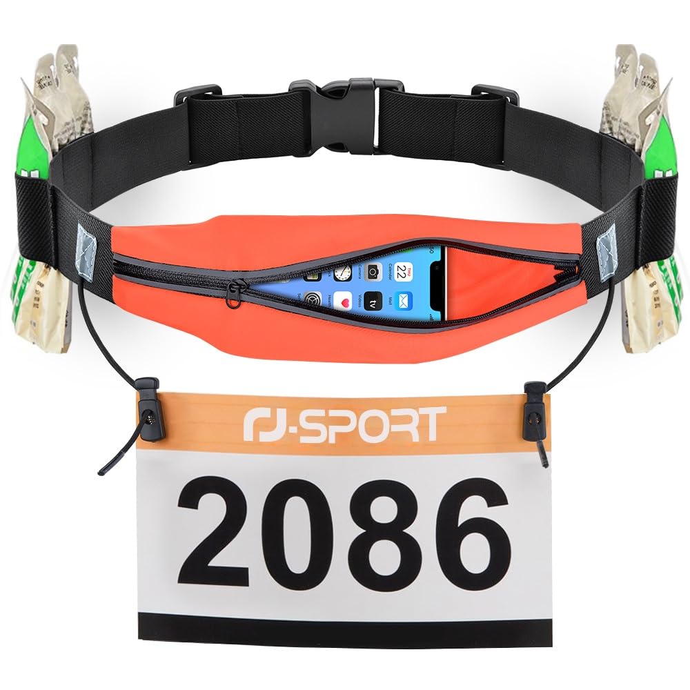 RJ-Sport Running Belt for Mobile Phone - Waterproof Running Bag, Sports Belt Waist Bag, Triathlon Race Number Strap, Running Belt with Bum Bag & Adjustable Elastic Band & Number Holder & 6 Gel