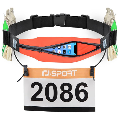 RJ-Sport Running Belt for Mobile Phone - Waterproof Running Bag, Sports Belt Waist Bag, Triathlon Race Number Strap, Running Belt with Bum Bag & Adjustable Elastic Band & Number Holder & 6 Gel