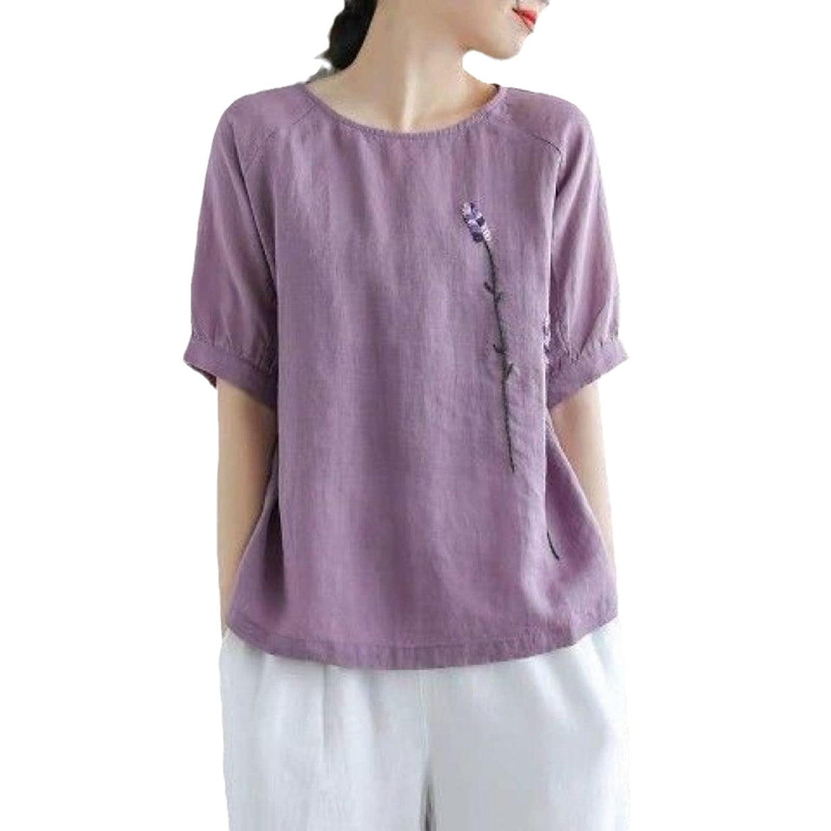 PUCEK Women Literary Retro Linen Shirts Summer Floral Embroidered Loose Round Neck Half Sleeve Tops Purple L