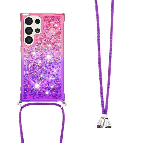 Lanyard Phone Case for Samsung Galaxy S24 Ultra Liquid Glitter Gradient Quicksand with Bling Sequin, Sparkle Silicone TPU Cover with Adjustable Cord Strap, Crossbody Necklace Lanyard Protective Case