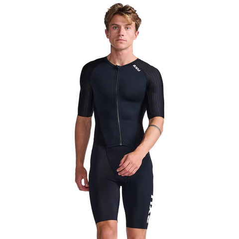 2XU Men's Trisuit Aero Sleeved Front Zip - Performance Triathlon Suit for Muscle Support - Black/White - Size Small