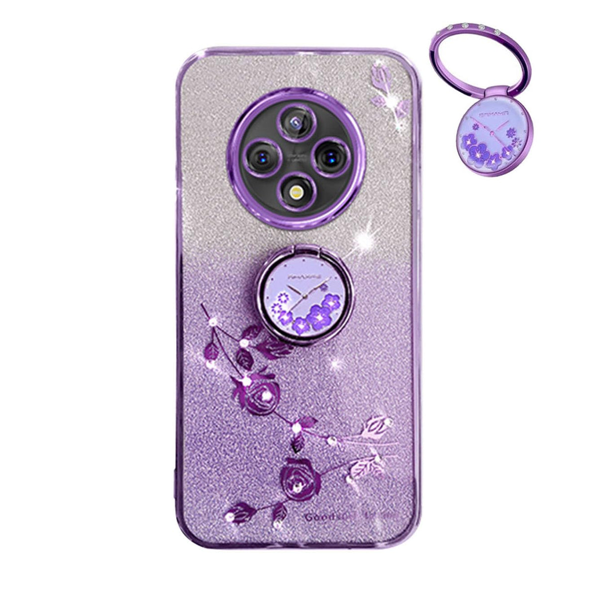 YUECXIN Glitter Case for Oppo Reno 12F 4G/Oppo Reno 12 FS 5G (Reno12 F 5G), Bling Shiny diamond Sparkle Design Women Girls Cover, Ultra Thin Shockproof Flowers Ring Stand Soft Transparent Case, Purple