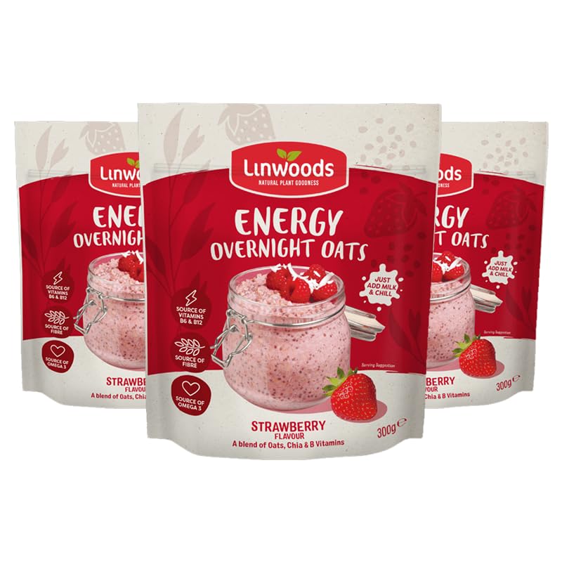 Linwoods Strawberry Energy Overnight Oats | 3x 300g Porridge Oats | Healthy Breakfast Food | Vegan Friendly & Gluten Free