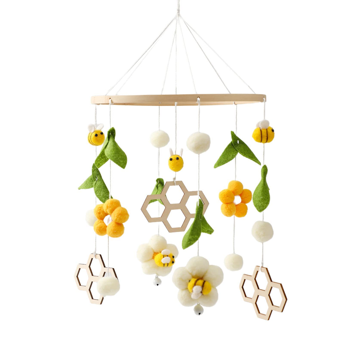 let's make Mobile Baby Wood + Wool Ball, Fresh Flowers and Bees, Wind Chime Rattle Changing Table, Nursery Hanging Bed Bell, Newborn Gift for Baby (Bee + Honeycomb)