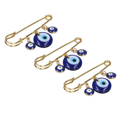 Evil Eye Stroller Pin for Baby Brooch Alloy, Glass Beads 3Pcs Clothing Pins 3 Blue Eye Pendants Golden Pin Exquisite Multifunctional Safety Pins for Clothes Bag Scarf Decoration