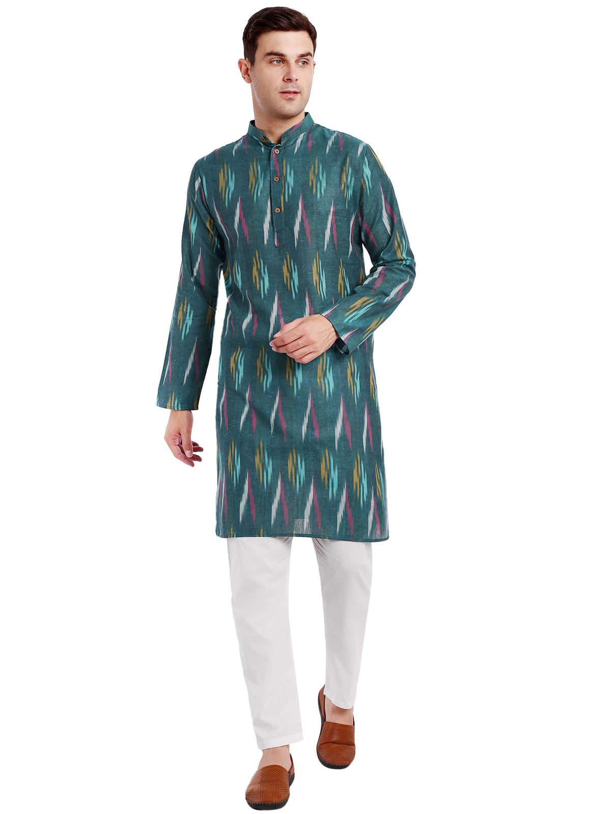SKAVIJ Men's Pure Cotton Printed Kurta Pajama Set Ikat Design Casual Ethnic Dress (KP119green_Green_S)