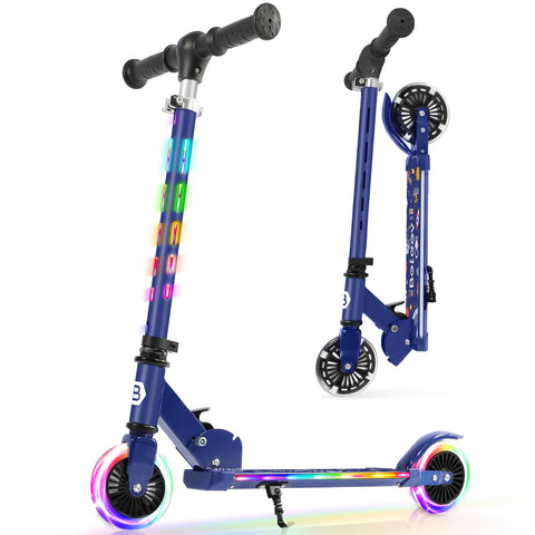 BELEEV V3 Scooter for Kids Ages 3-12, 2 Wheel Folding Scooters for Girl Boys with Light-Up Wheels & Stem & Deck, 4 Adjustable Height, Cartoon Pattern Deck, Lightweight Scooter with Kickstand(Blue)