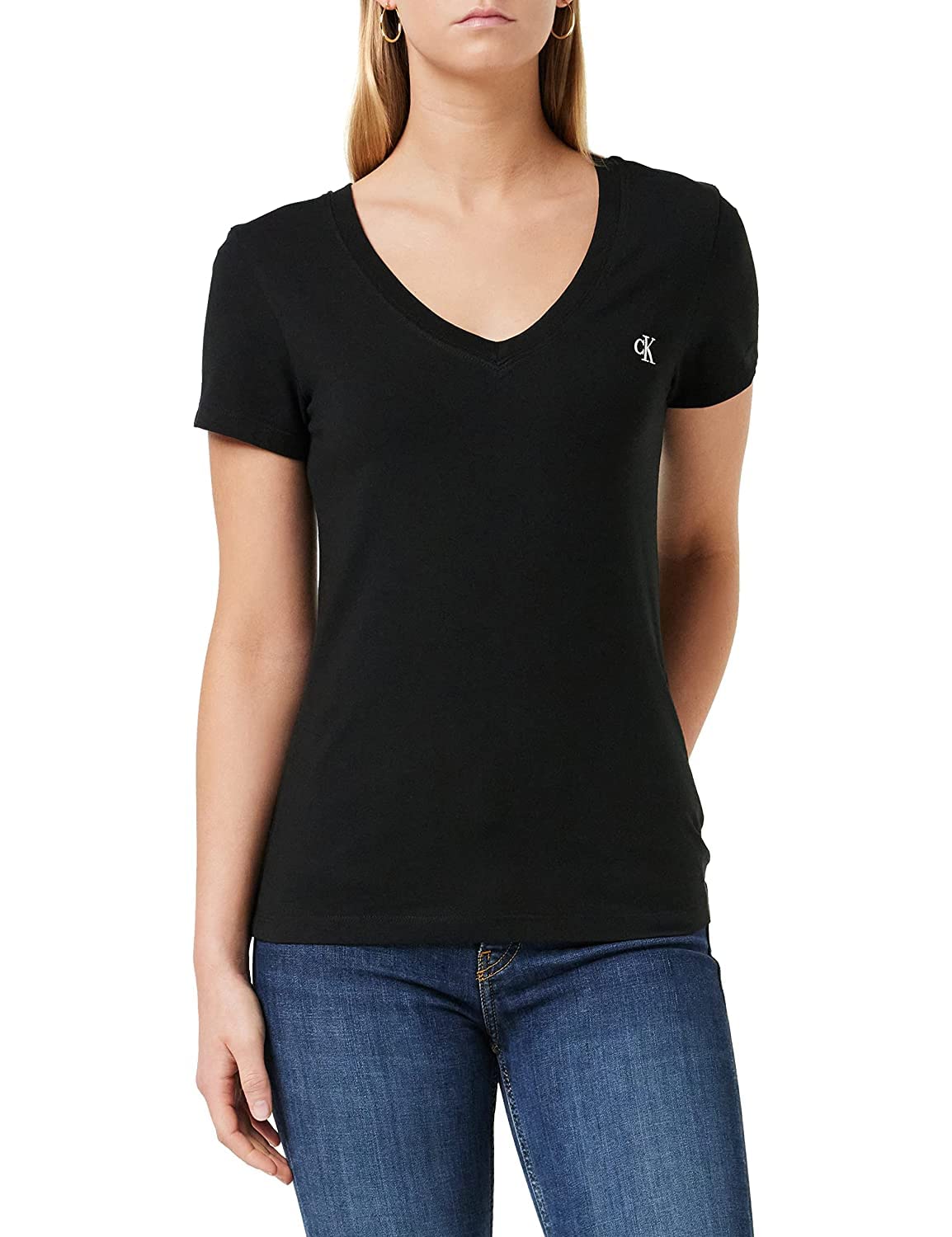 Calvin Klein Women's Ck Embroidery Stretch V-neck J20j213716 S/S Knit Tops, Black (Ck Black), L