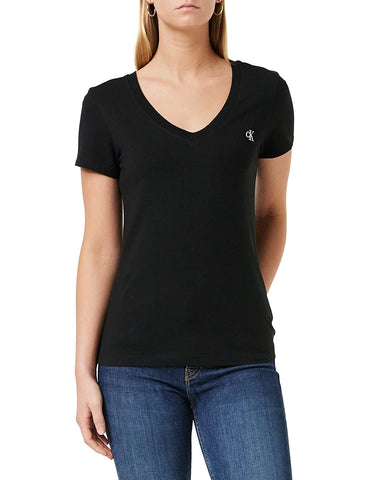 Calvin Klein Women's Ck Embroidery Stretch V-neck J20j213716 S/S Knit Tops, Black (Ck Black), L