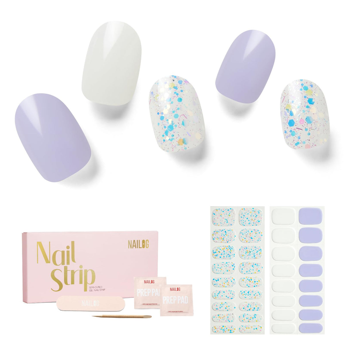 NAILOG Semi Cured Gel Nail Strips 34 pcs| Buy 2 Get 1 UV Lamp | Long Lasting Nail Polish Sticker Wraps with Glossy Gel Finish, Innocent