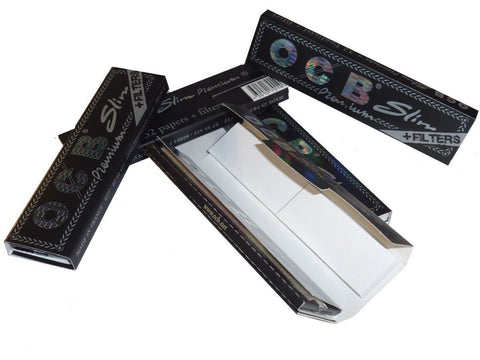OCB 10 Premium Slim Long Paper + Tips 10 Booklets A Sheet + 32 Tips Cigarette Paper, Black, 15 x 10 x 2 cm