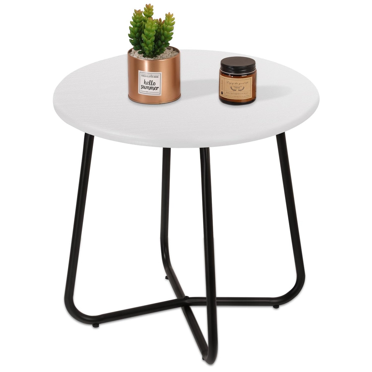 WDSHIYI Patio Small Side Table Waterproof Round Metal Steel Weather Resistant Portable Outdoor and Indoor End Table for Garden Balcony Yard, White