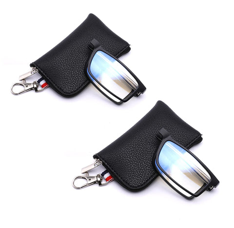 GOOSEN 2-Pack Reading Glasses for Women Men, Keychain Bags Compact Folding Readers, Clear Lens Blue light Glasses Spring Hinge, Black Black 1.25 x