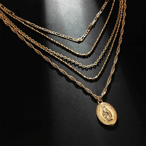Yheakne Boho Layered Oval Coin Necklace Choker Gold Virgin Mary Necklace Figaro Chain Necklace Vintage Multilayer Necklace Chain Jewelry for Women and Girls