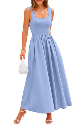 Potany Summer Dresses for Women 2024 Casual Sleeveless Square Neck Flowy Long A Line Beach Vacation Maxi Blue Tank Sun Dress Spring Outfits with Pockets(Blue,M)