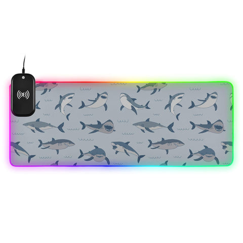 Hand Drawn Shark Wireless Charging Mouse Pad for Mobile Phone Extra Large Gaming Mousepad with 13 Lighting Modes Extended Desk Mat for Gaming MacBook PC Laptop Desk Office Home
