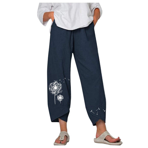 Costaric Cotton Linen Casual Summer Capri Pants Printed Cropped Comfy Baggy Trousers with Pockets Palazzo Lounge Pants, A32 Dark Blue, Large