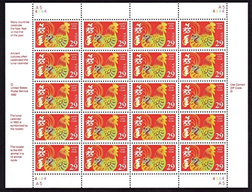 Year of the Rooster: Lunar New Year, Full Sheet of 20 x 29-Cent Postage Stamps, USA 1992, Scott 2720