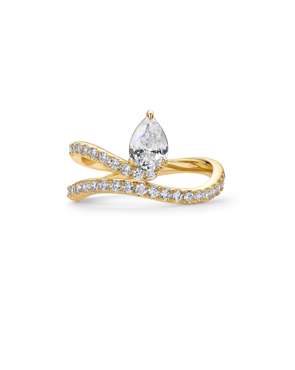 PAVOI 14K Yellow Gold Plated Pear Premium Cubic Zirconia Engagement Ring for Women | Trendy Wavy Band Promise Ring | Fake Wedding Ring - Size 8