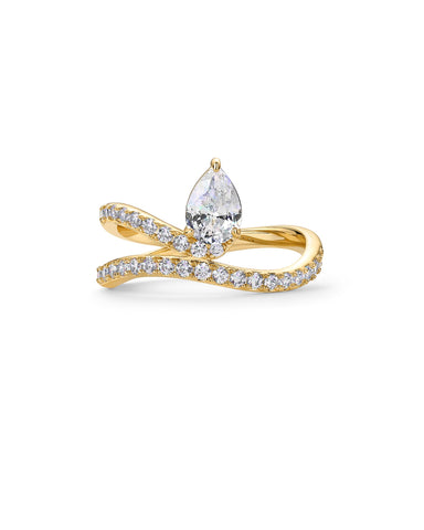 PAVOI 14K Yellow Gold Plated Pear Premium Cubic Zirconia Engagement Ring for Women | Trendy Wavy Band Promise Ring | Fake Wedding Ring - Size 8